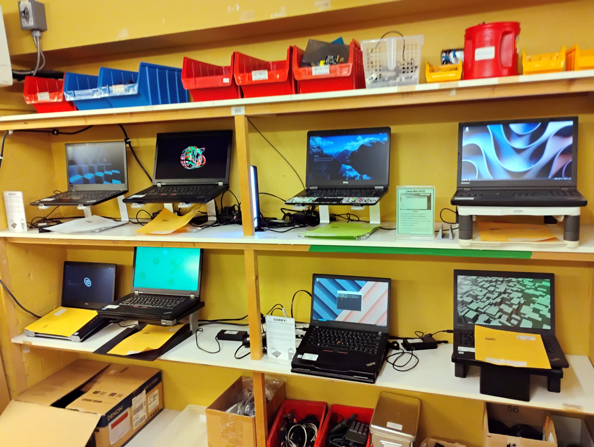 A selection of laptops at the Computer Recycling Project all running Linux Mint