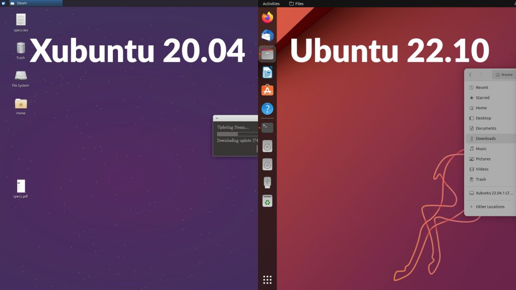 A side-by-side comparison of Xubuntu 20.04 and Ubuntu 22.10