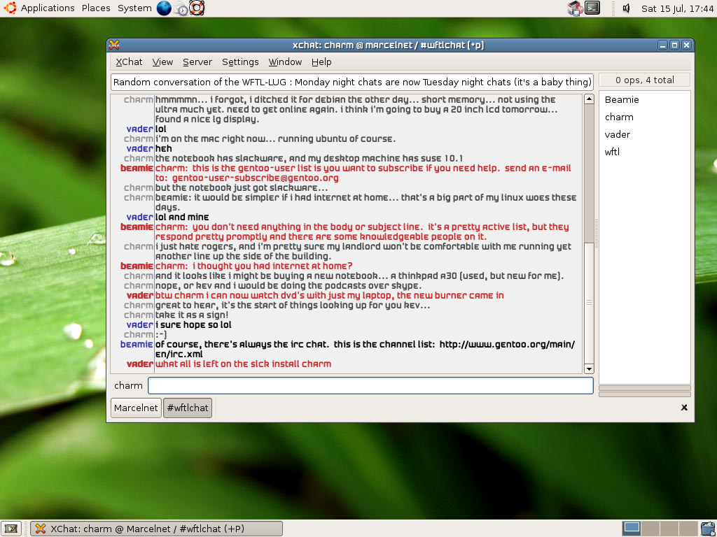 X-Chat, an IRC client running on an early version of Ubuntu Linux>